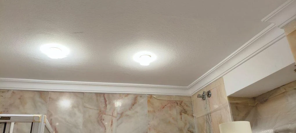 Techo y molduras del baño tras el lijado y la pintura blanca